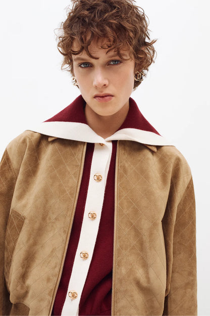 Brown Suede Red Collar Jacket