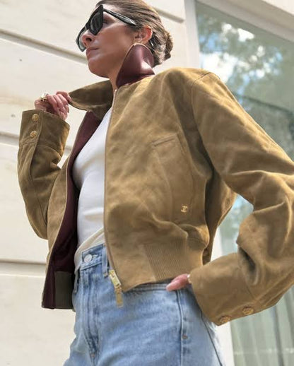 Brown Suede Red Collar Jacket