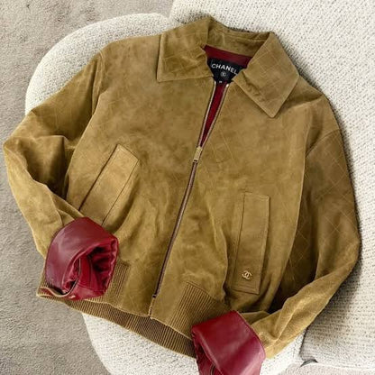 Brown Suede Red Collar Jacket