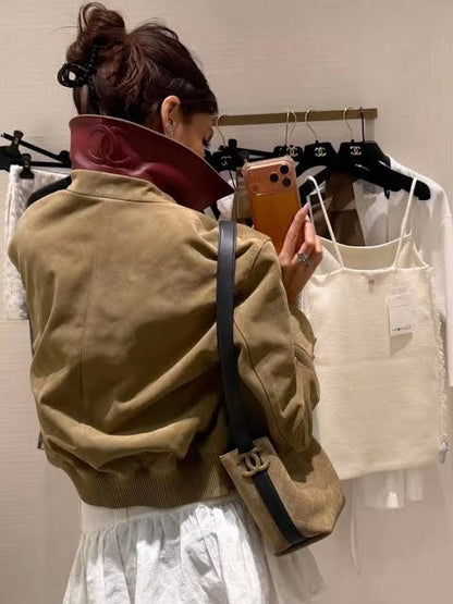 Brown Suede Red Collar Jacket
