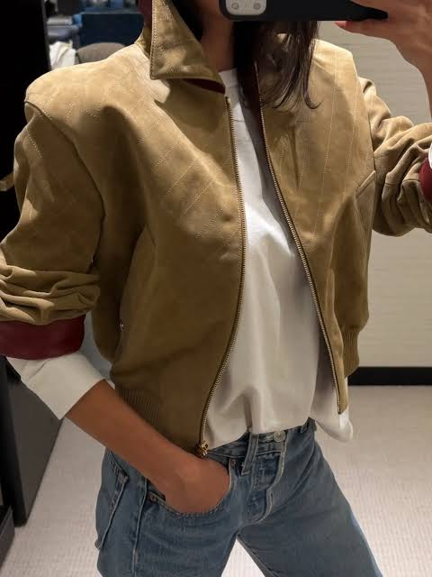 Brown Suede Red Collar Jacket