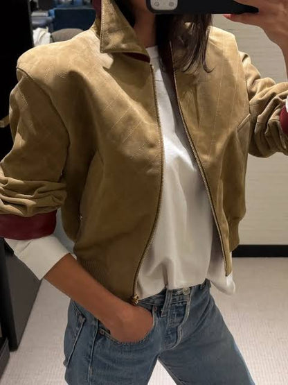 Brown Suede Red Collar Jacket